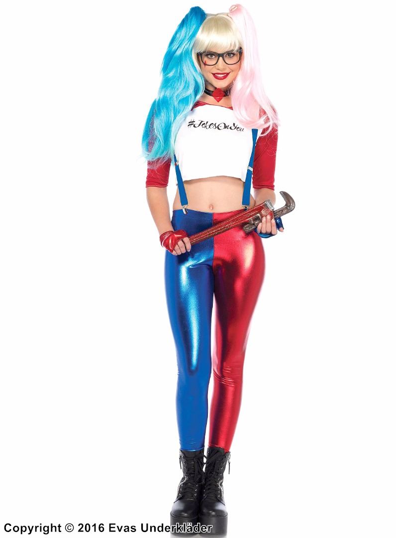 Harley Quinn, kostyme-topp og -leggings, seler, rødt og blått